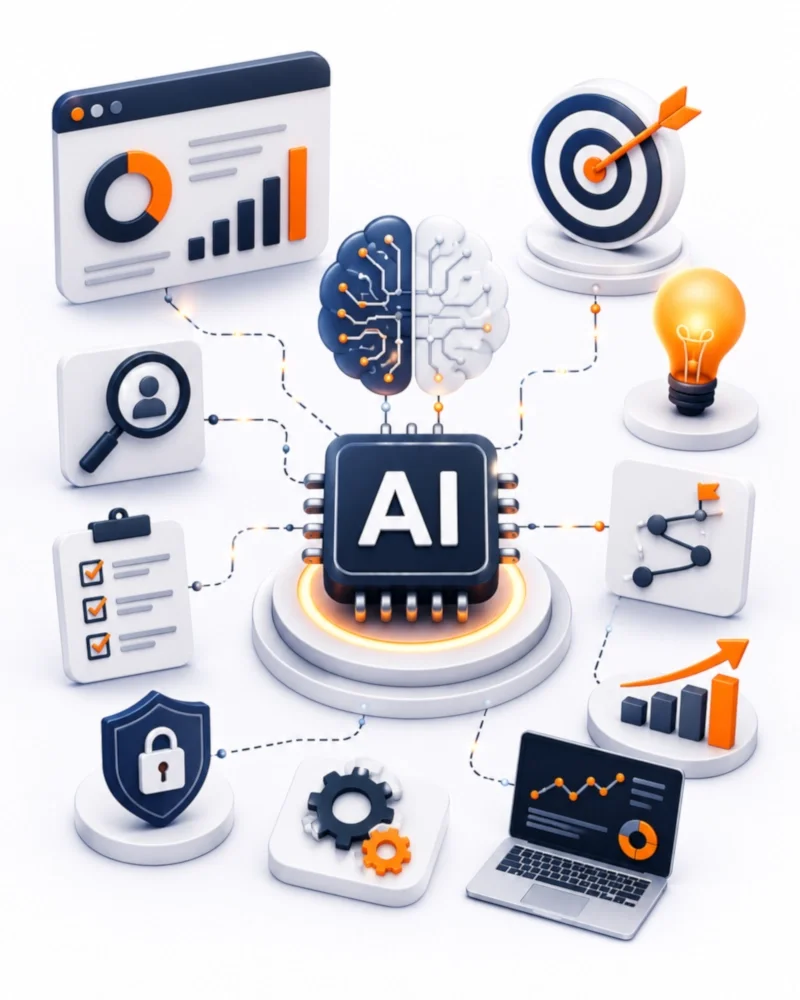 AI consulting company in Australia illustration showing artificial intelligence strategy, business automation, data analytics, machine learning, workflow optimisation and digital transformation.