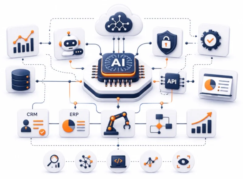 Enterprise AI implementation illustration showing AI automation, CRM integration, ERP integration, API connectivity, machine learning systems, predictive analytics and workflow optimisation.