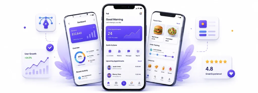 Mobile app development Melbourne illustration showing modern UI UX design, smartphone app screens, user experience optimisation and mobile application interfaces.