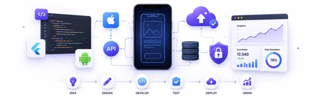 Mobile app development process illustration showing Android development, iOS development, API integration, cloud deployment, application security and performance analytics.