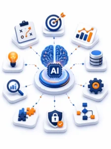 AI consulting strategy framework illustration showing artificial intelligence planning, business assessment, technology selection, automation, security and implementation roadmap.