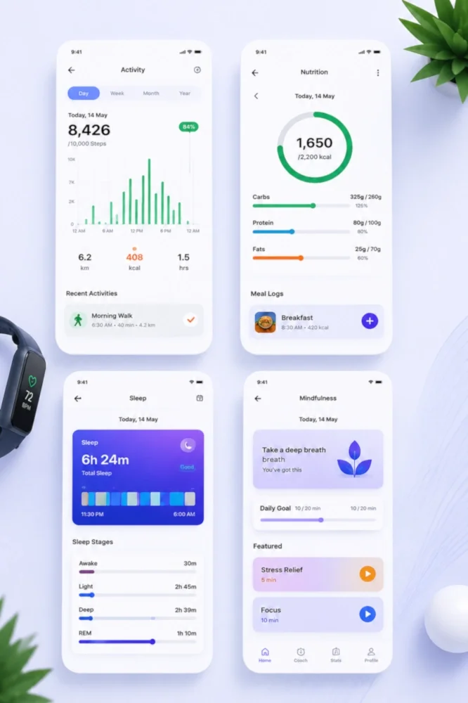 Healthcare mobile application interface showing activity tracking, nutrition monitoring, sleep analytics, and wellness dashboard features.