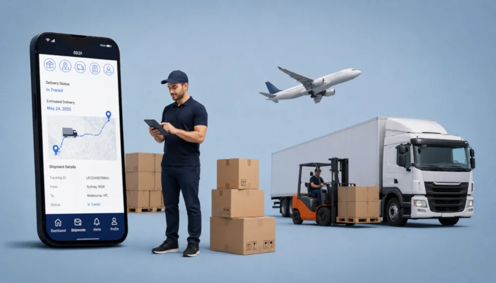 Logistics mobile application showing shipment tracking, fleet management, delivery monitoring, and supply chain operations in Australia.
