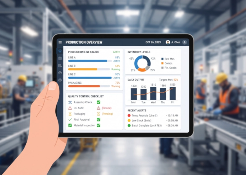 Manufacturing business app dashboard showing production tracking, inventory, and quality control