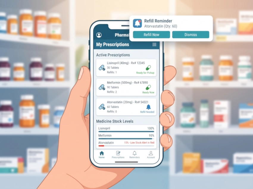 Pharmacy mobile app showing prescription management, stock tracking, and refill reminders